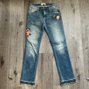 NWOT Driftwood Audrey Floral Embroidered Denim Straight Jeans‎ Raw Hem W28 H31